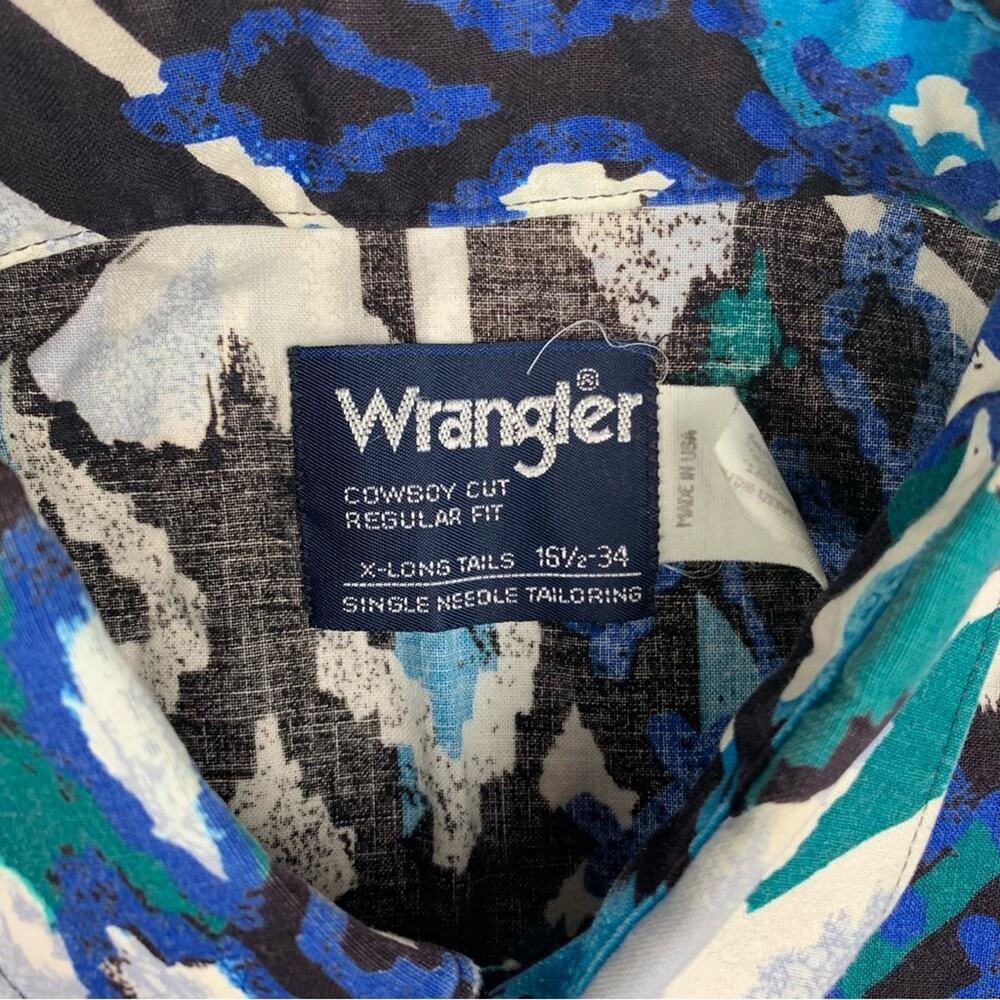Wrangler mens 16.5 Large cowboy cut blue black Aztec print long tail vintage yel